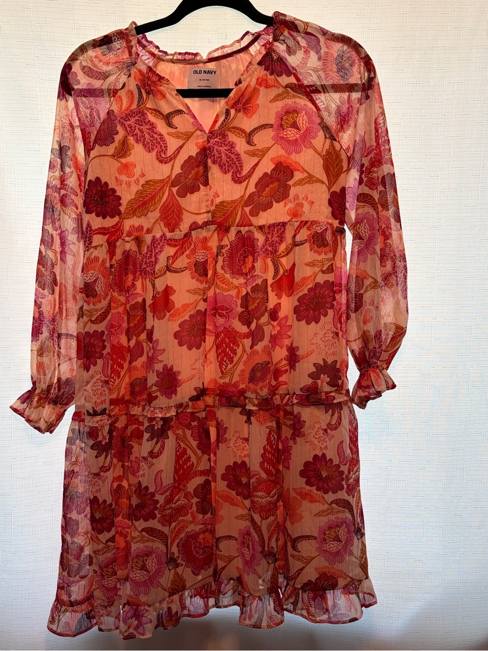 Old Navy Floral Long-Sleeve Tiered Dress in Pink and Coral